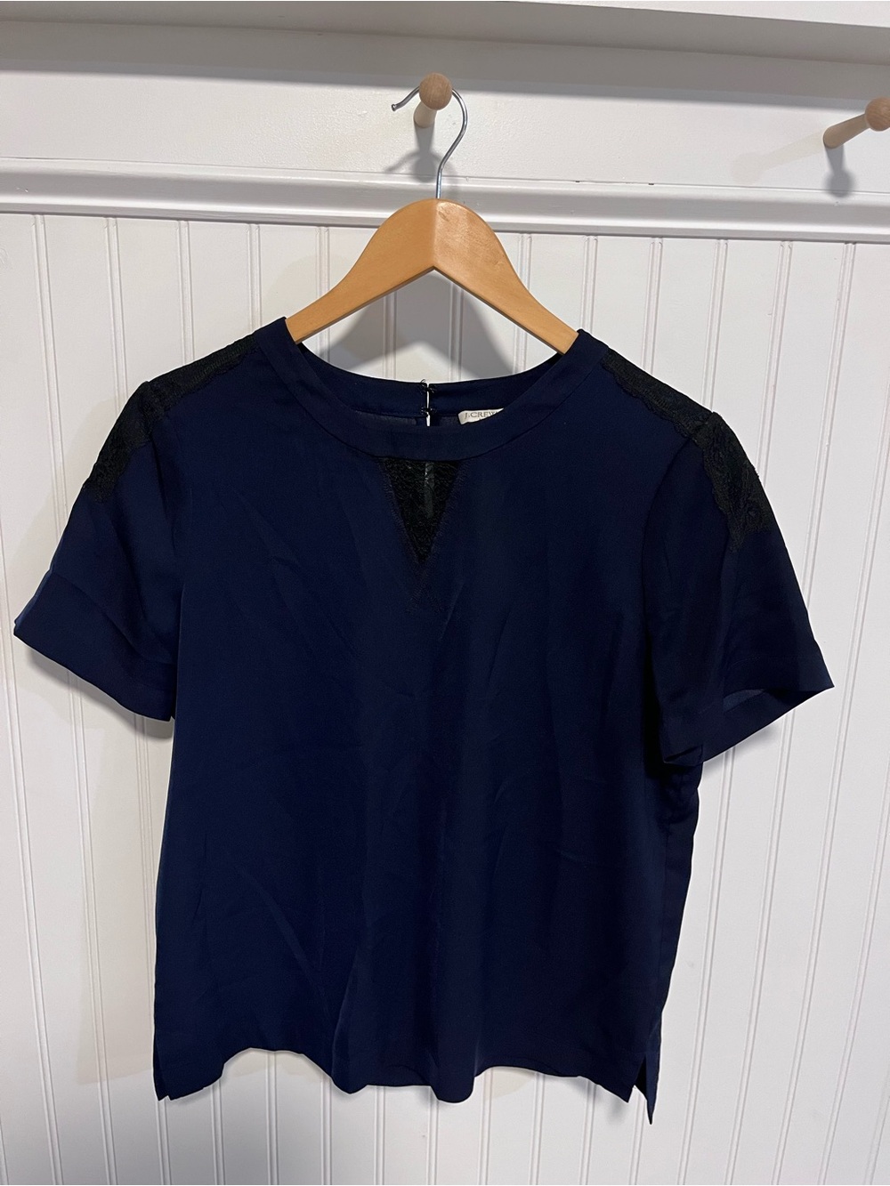 J. Crew Navy Short Sleeve Top with Lace Insets